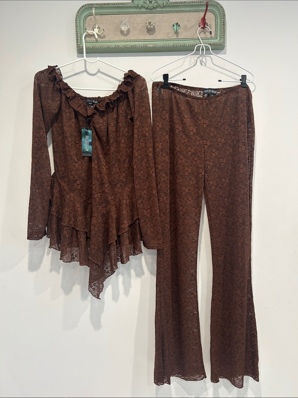 Dolls Kill current mood Brown Lace Flared Pants & Ruffled Off the shoulder Top